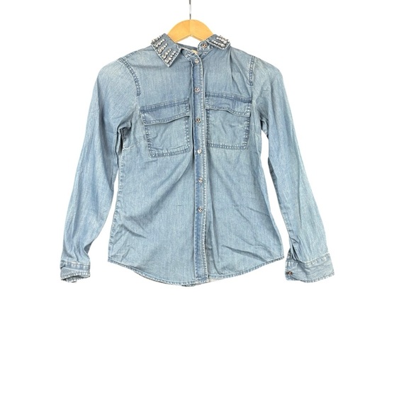 EUC MICHAEL Michael Kors Women’s Denim Button Down Shirt w/glam collar Sz XXS - Picture 2 of 10